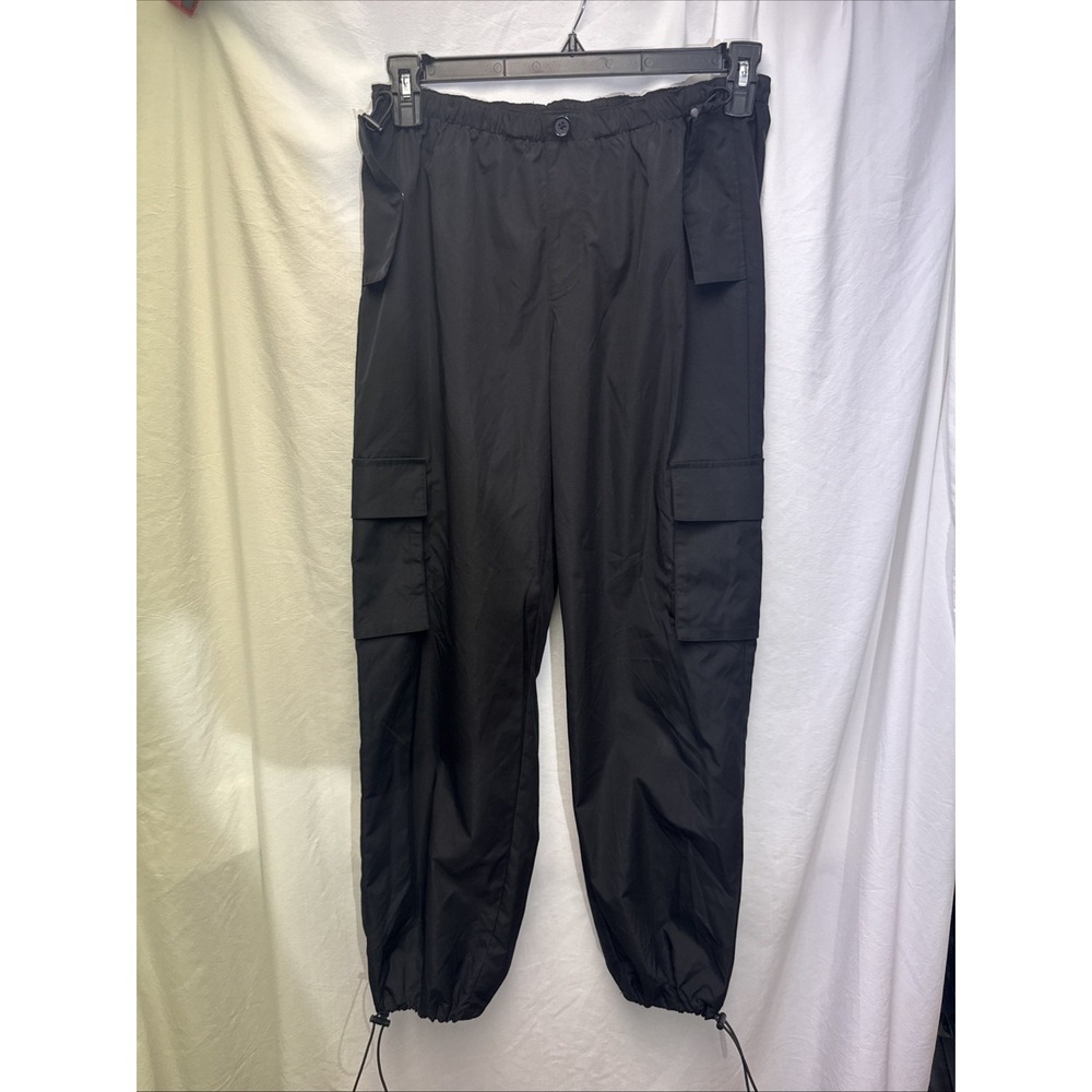 Juniors Medium Black Polyester Drawstring Parachute Pants Pockets Y2K Whimsigoth